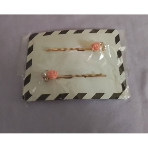 Glamour Girl Pink Rose & Faux Pearl Hair Pins Set Of 2 - Picture 1 of 2